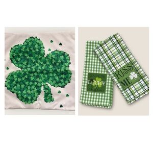 St. Patrick's Day NWT Shamrock Pillow Case & Green & White Kitchen Towels Plaid